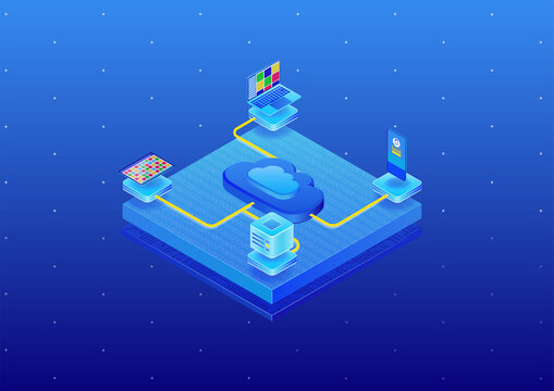Cloud computing concept with connected devices such as tablet, notebook, server, smart phone. 3d isometric vector illustration in modern design.