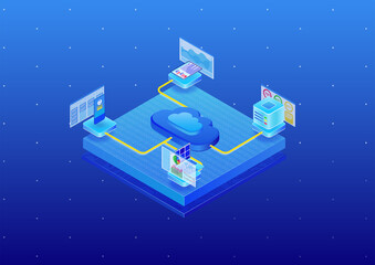 Big data and cloud computing concept. Data analysis of data generated by devices such as smart phone and notebook. 3d isometric vector illustration in blue modern look.