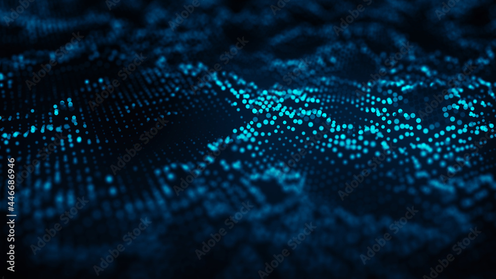 Poster digital blue background with moving glowing particles. futuristic moving wave. big data visualizatio