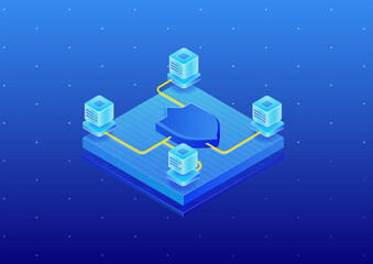 IT security concept for data centers. Isometric 3d vector illustration of security symbol and connected servers.