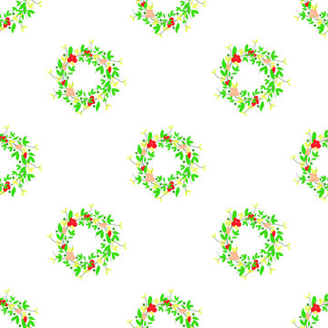 Vector image of an bindweed with red flowers and green leaves on a white background seamless pattern