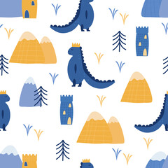Children's seamless drawing with a hand-drawn dinosaur, mountains, a fir tree and a tower. Creative vector children's background for fabric, textiles
A repeating pattern with dinosaurs in the Scandina