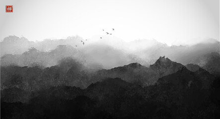 Minimalistic  landscape with misty forest mountains and flock of birds.Traditional Japanese ink wash painting sumi-e. Translation of hieroglyph - zen - obrazy, fototapety, plakaty