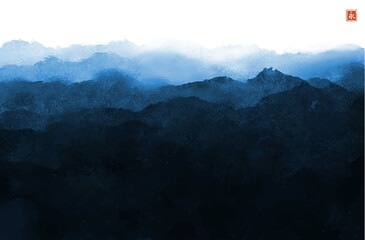 Minimalistic  landscape with blue misty forest mountains.Traditional Japanese ink wash painting sumi-e. Translation of hieroglyph - eternity - obrazy, fototapety, plakaty
