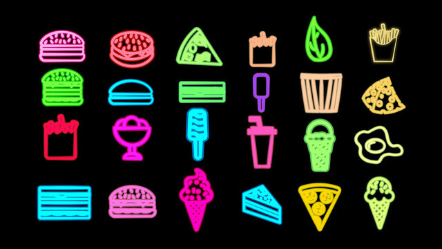 Neon bright glowing multicolored set of 15 icons of delicious food and snacks items for restaurant bar cafe: burger, pizza, ice cream, fries