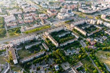 Aerial view of urban development, houses built in the shape of three sixes 666 in the city of Obninsk, Russia