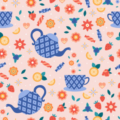 Seamless pattern with teapots and cups. Abstract flowers, candy, lemons, strawberry, raspberry and blueberry. Vector illustration for kitchen. Tea time.