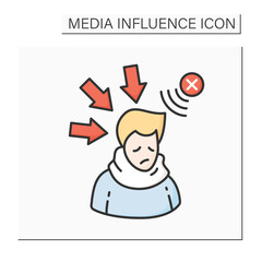 Negative influence color icon. Person depressed and upset with negative media influence and bad press attack. Information overload concept.Isolated vector illustration