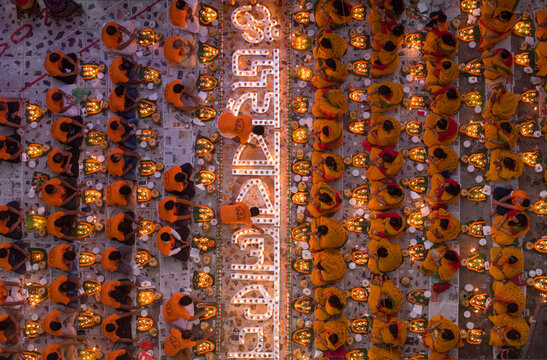 View of many people praying in a mosque burning incense before breaking the fasting during Rakher Upobash festival, Narayanganj, Bangladesh.