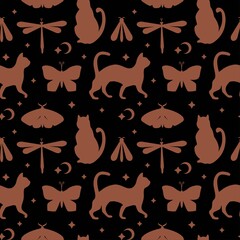 Ethnic mystical seamless pattern with magic cat, butterfly, moon, star on black background. Flat vector illustration. Design for wallpaper, wrapping, textile