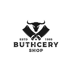 vintage rustic butchery shop logo design with buffalo head