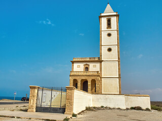 Almería, Andalusia, Spain - August 10, 2020. Church of Las Salinas on the coast of the Cabo de Gata Natural Park.