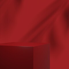 Minimal red stage mock up on a blue background. Pedestal for display. Empty product backdrop. 3d render illustration