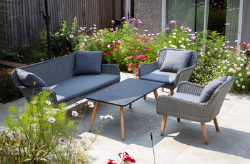 Garden furniture on the terrace on sunny day
