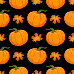 Cartoon orange Pumpkin and Autumn maple falling leaves vector seamless pattern. Hand drawn black background for Fall season, Harvest, Thanksgiving Day print, fabric, textile, greeting card, invitation