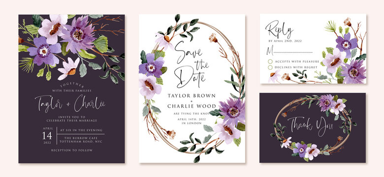 wedding invitation set with purple flower watercolor