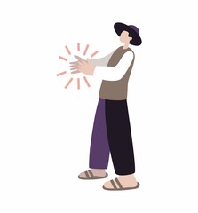 The man in the hat claps his hands. Vector illustration. Mexican farmer. Spectator, confirmation of success. Emotions of experience.