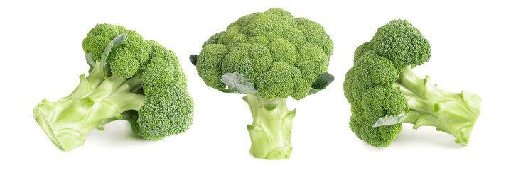 Broccoli isolated on white background. Raw green broccoli vegetable. Close up.