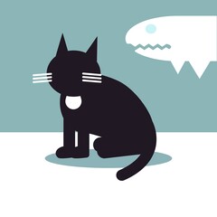 Black cat kitten and fish vector illustration. For posters, postcards, signboards. Veterinary theme. For the image on the T-shirt. The pig is pink. Minimalistic style.