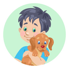 Obraz na płótnie Canvas Avatar icon of a funny little boy with a cute puppy in his hands. In the green circle. In cartoon style. Isolated on white background. Vector flat illustration.