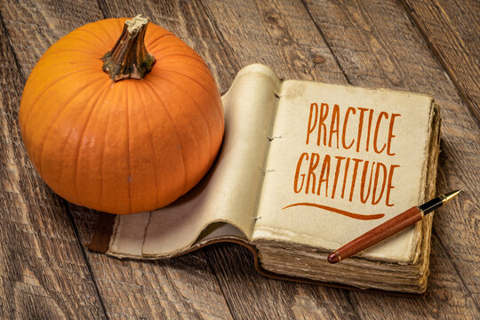 practice gratitude inspirational note - handwriting in a retro journal with a pumpkin against rustic wood, Thanksgiving theme