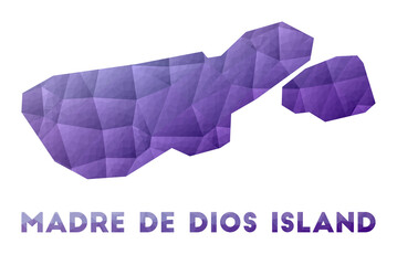 Map of Madre de Dios Island. Low poly illustration of the island. Purple geometric design. Polygonal vector illustration.