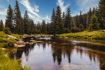 Fototapeta na wymiar A beautiful mountain river flowing through the Jizera Mountains in Poland. The forest and clouds are phenomenally reflected in the water.