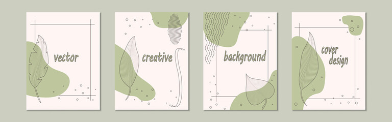 Set of vector backgrounds in a minimalist style with a linear image of leaves