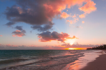 Seascape with colorful clouds on a sunrise over Atlantic Ocean