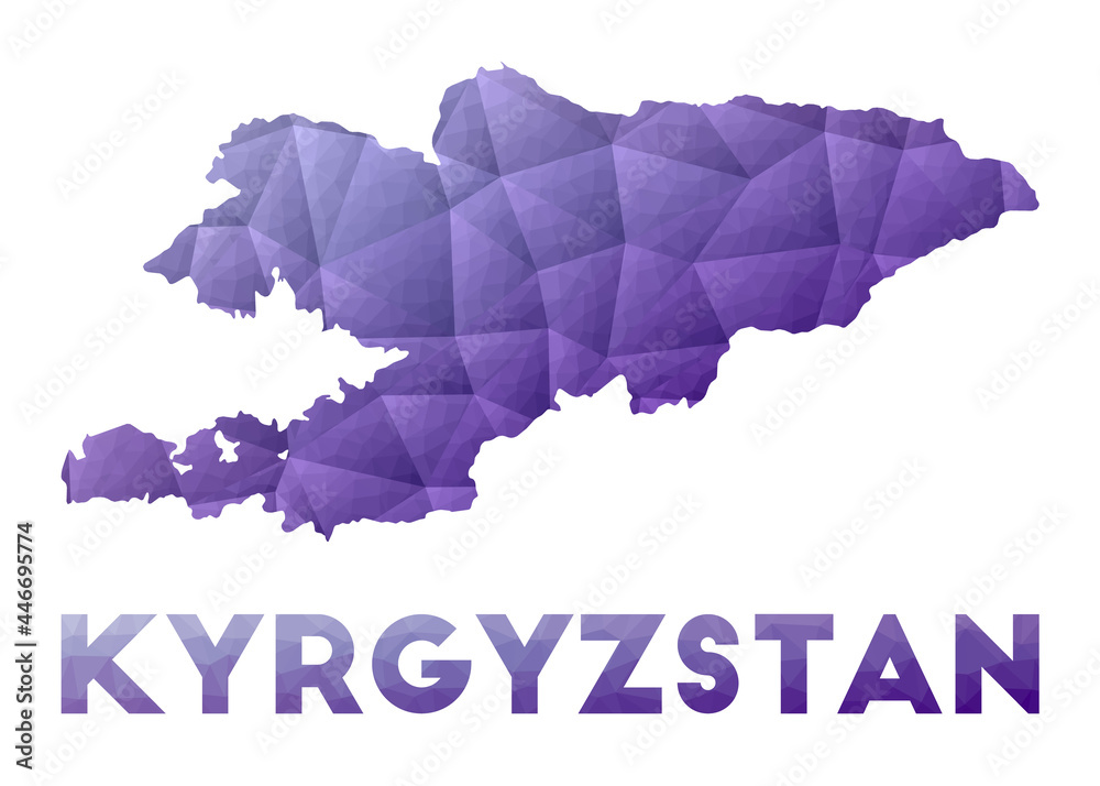 Wall mural Map of Kyrgyzstan. Low poly illustration of the country. Purple geometric design. Polygonal vector illustration.