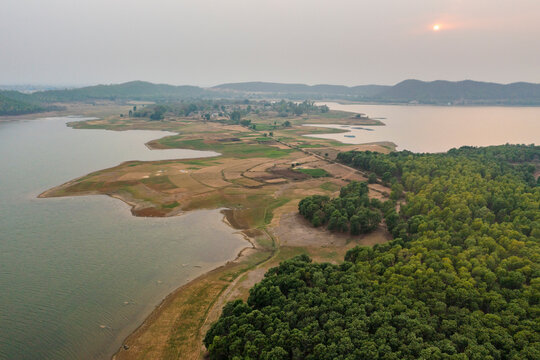 Aerial view of a lagoon shoreline at Tilaya Dam Reservoir in Poraia, Jharkhand, india.