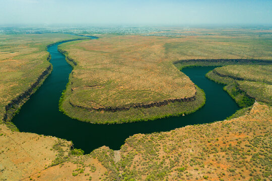 Aerial view of Chambal river near Kota township, Rajasthan, India.