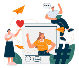 Illustration of a selfie woman in a social profile frame, followers with phones in their hands are standing near. The concept of Social Media Marketing and promotion in social networks.