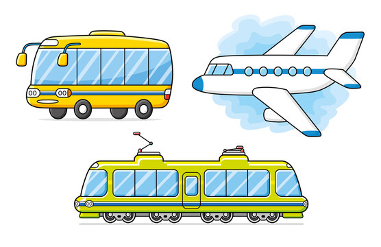 Bus, airplane and train isolated, passenger transport vector set. 
