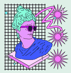 Apollo Belvedere wearing sunglasses. Vector illustration in vaporwave pop art style.