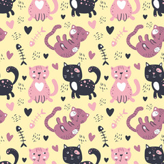 Seamless pattern with cute cats.Different characters and fish skeleton. Nursery vector hand-drawn illustration in simple Scandinavian style. Pastel palette ideal for printing baby textiles, fabrics
