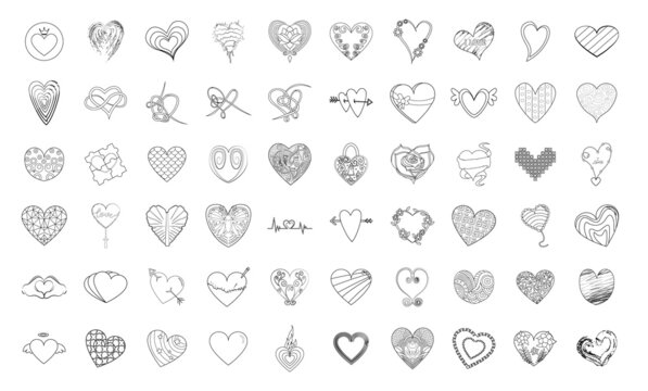 Set of heart shape sketches with different styles