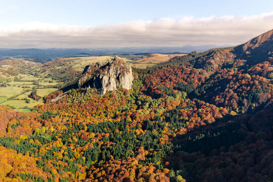 Aerial view of Roches Tuilieres et Sanadoire, Aiguillier Massif, Orcival, Rochefort Montagne, Puy de dome, Auvergne, France.