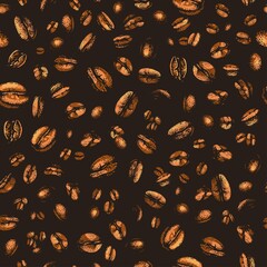 Seamless pattern with coffee beans. Hand-drawn sketches on a black background. Color endless background for design