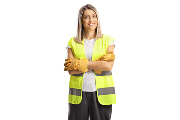 Female waste collector in a uniform and gloves
