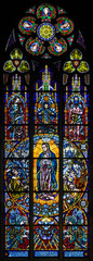 Stained-glass window depicting Our Lady of Guadalupe. Votivkirche – Votive Church, Vienna, Austria. 2020-07-29.  - obrazy, fototapety, plakaty