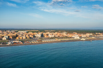 Coast of Ostia aerial view, Rome, Italy. Mediterranean sea resort.