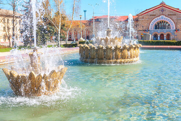 Fountain in front of railway station in Chisinau city in Moldova 