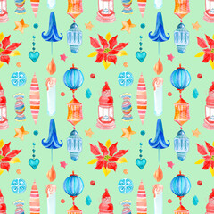 Seamless raster watercolor pattern of Christmas and New Year symbols. Elements and items of the holiday on the green background.