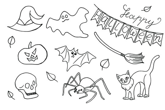 Happy Halloween vector lettering with pumpkin, wizard hat, ghost, spirit, scull, bat, spider, cat, witch's broom and spider web. Set for poster, greeting card, party invi