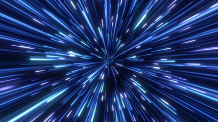 Fototapeta premium Through space, starfield. Abstract particles, neon rays background.