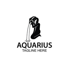Obraz premium girl drop water from vase silhouette for aquarius zodiac horoscope woman spa body hair beauty health care business company modern cartoon mascot in black retro vintage logo design vector