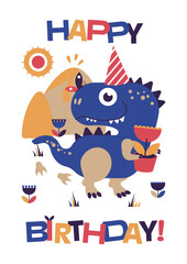 happy birthday card with dinosaur