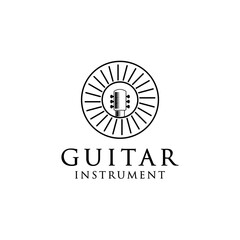 music band logo, with a guitar object with a stripe. black and white logo style.
