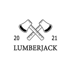 Lumberjack logo with two axes, line logo type. in black and white style.